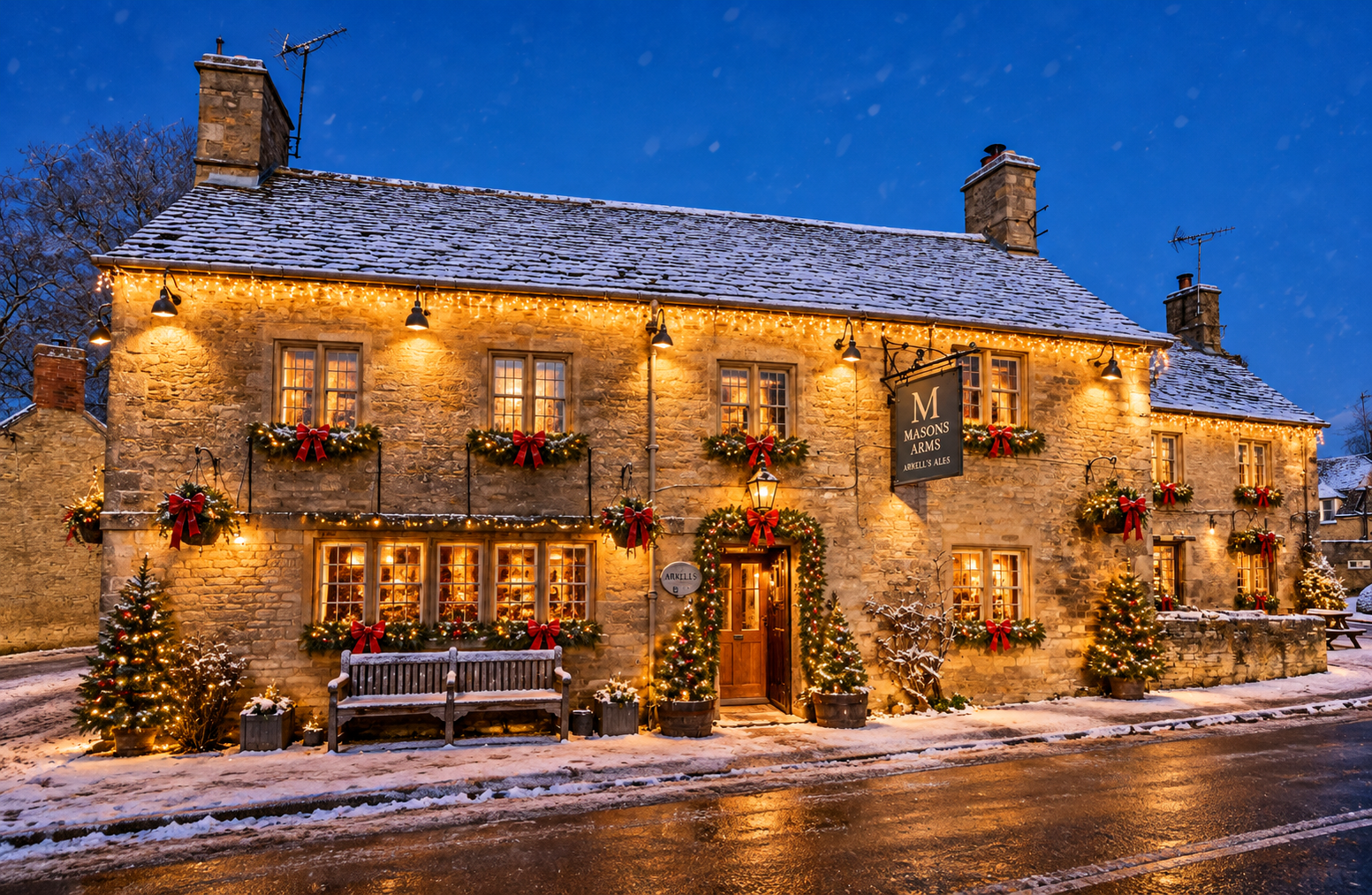 Snowy Christmas Evening at the Masons Arms