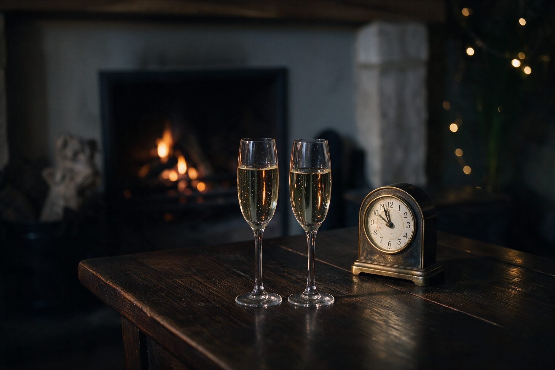 Two glasses of champagne beside a brass clock close to midnight, with the fireplace glowing behind